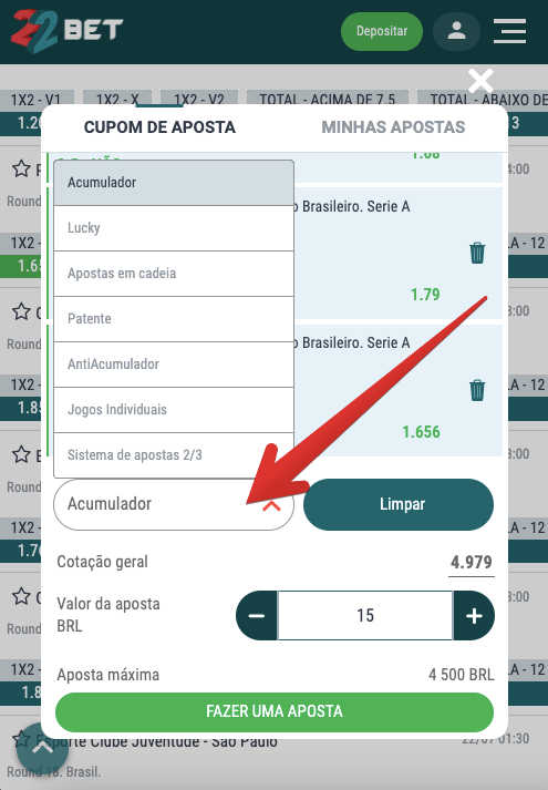 Selecione um tipo de aposta e coloque-a em jogo na 22Bet Brasil