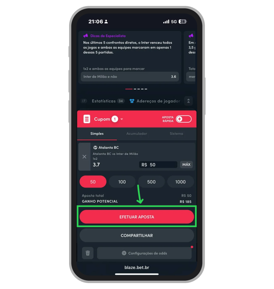 Insira o valor desejado no campo indicado e confirme clicando no botão "Efetuar Aposta"