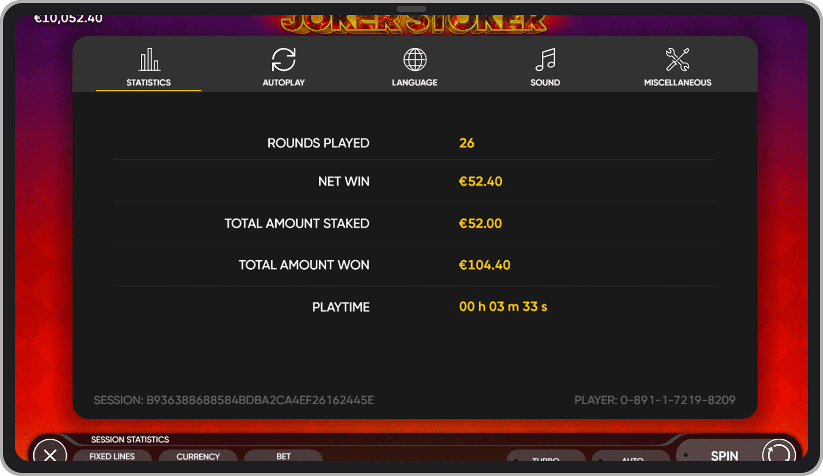 Statistika odigrane sesije