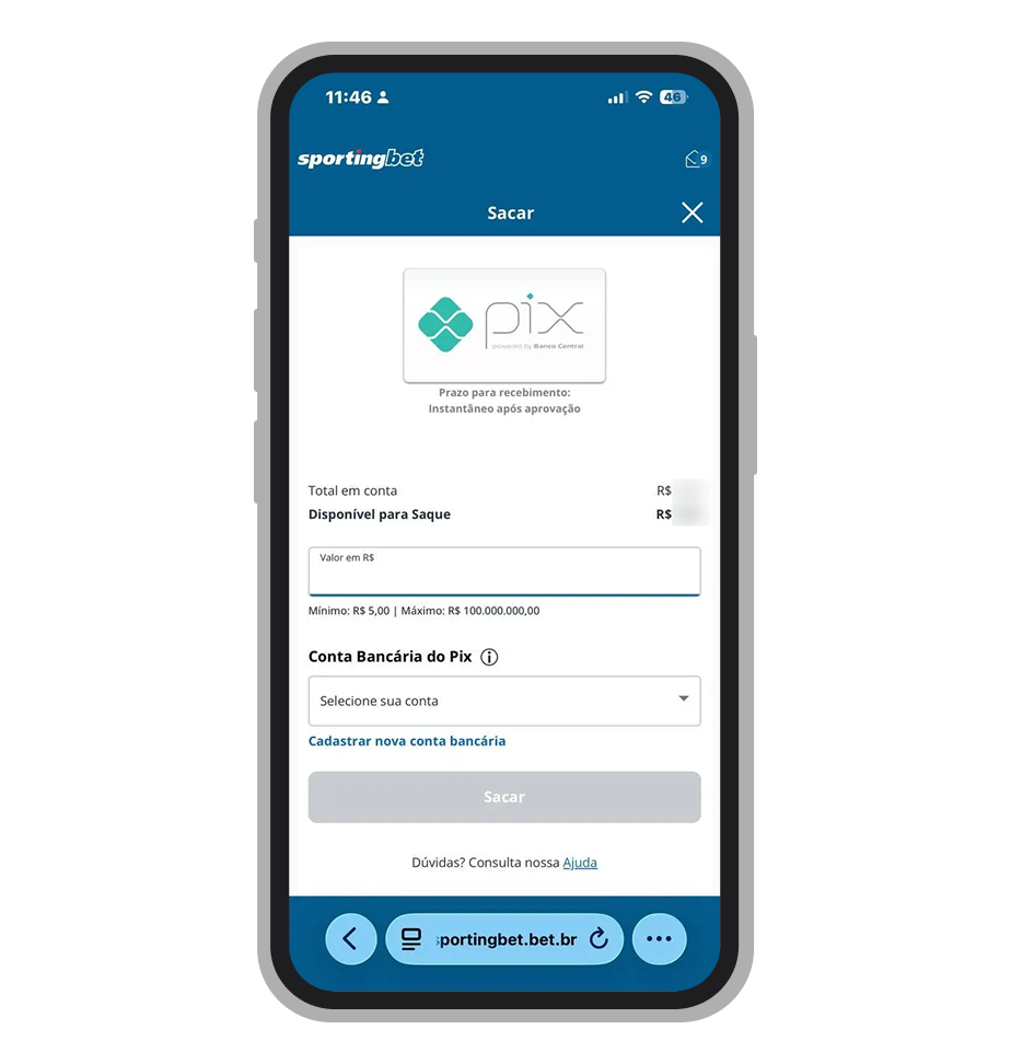 Seção de saques no site mobile da Sportingbet