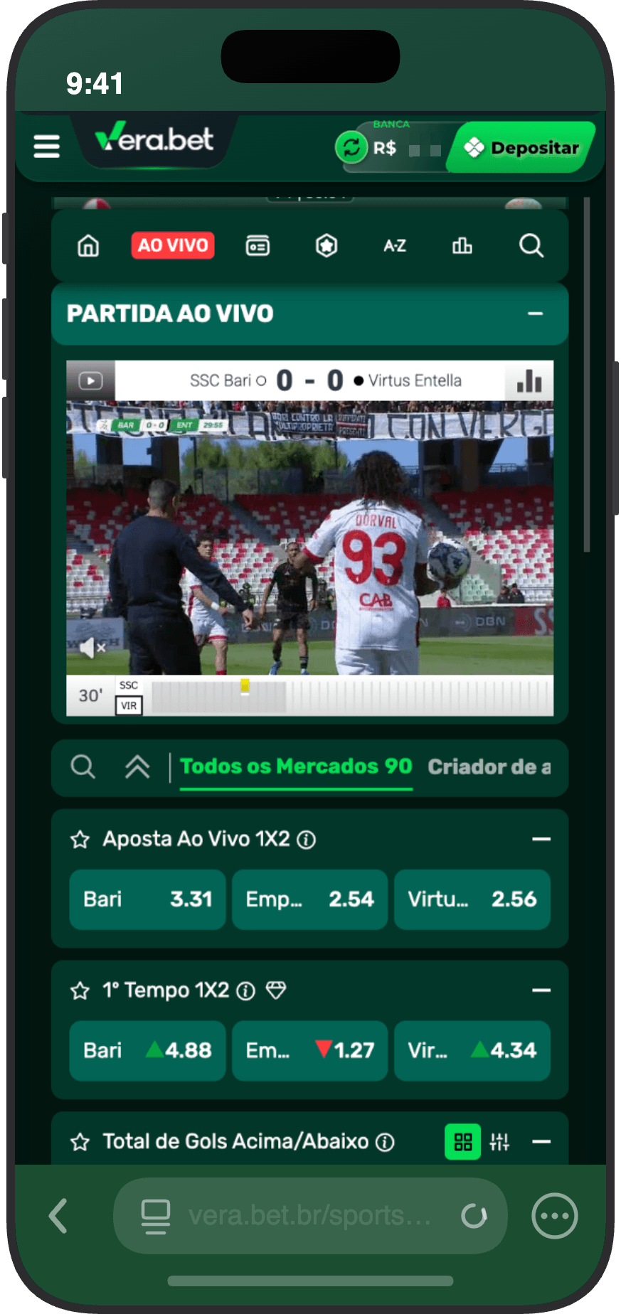 Transmissão ao vivo de futebol na Vera.bet com odds, mercados e Criador de Apostas para jogo da Itália Série B