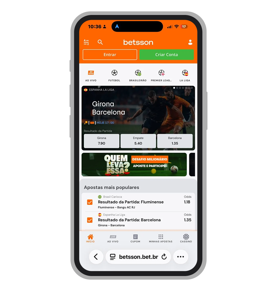 Tela inicial dao site móvel da Betsson