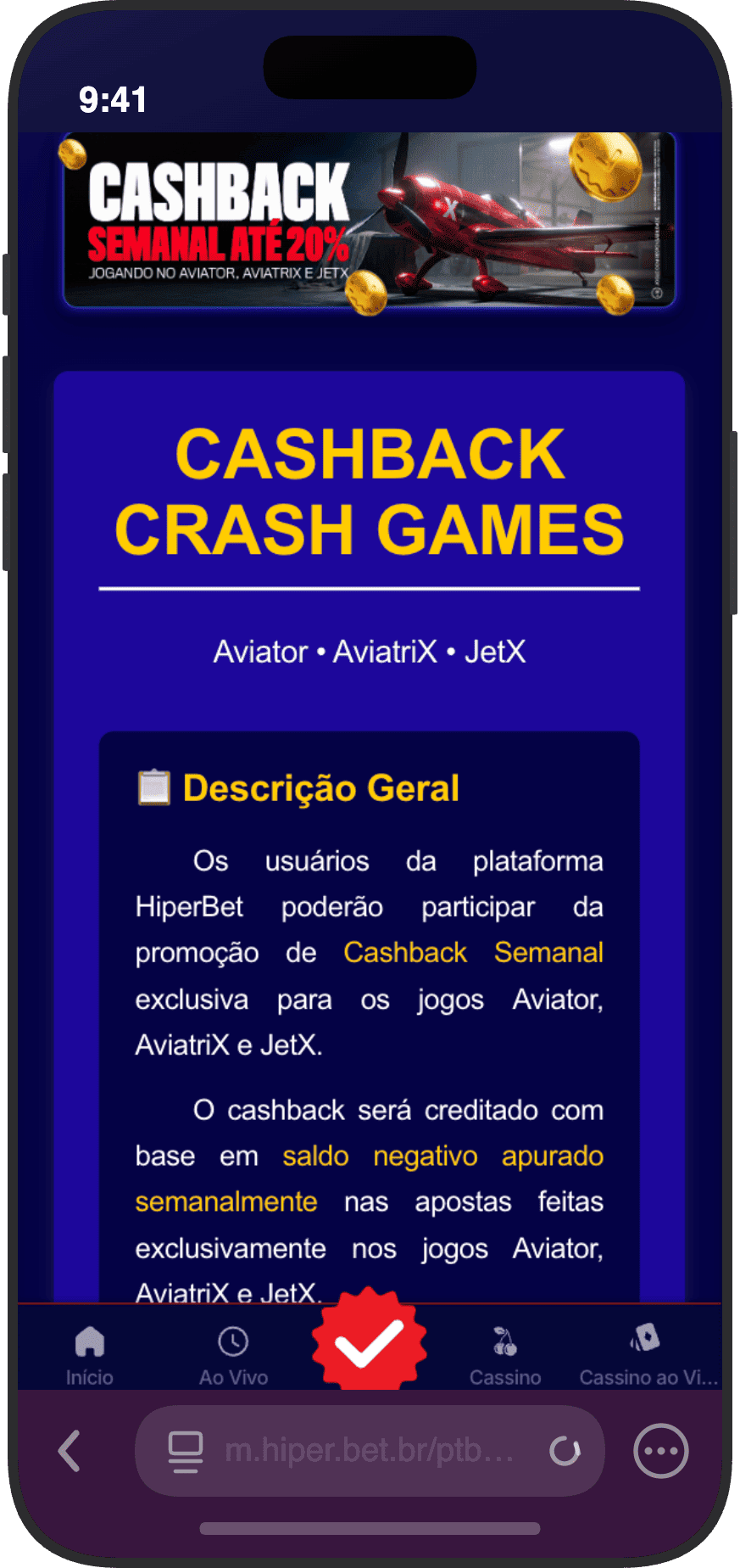Promoção Cashback Semanal de até 20% da HiperBet para crash games Aviator, AviatriX e JetX