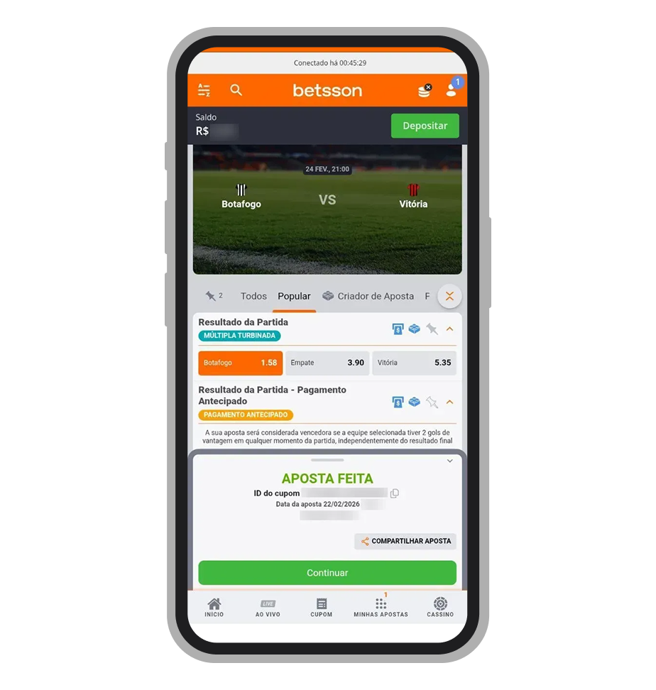 Aposta feita no aplicativo da Betsson