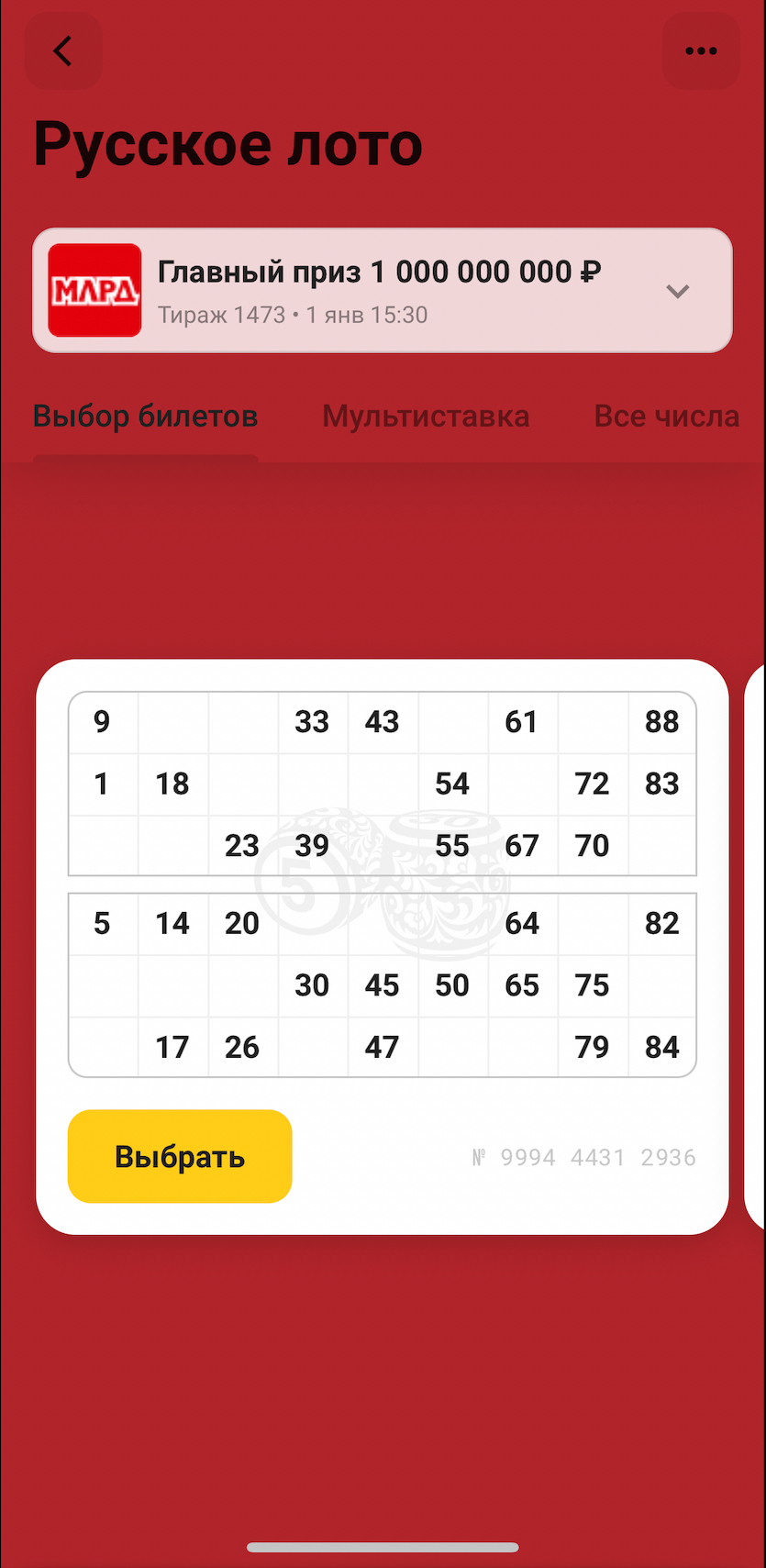 Билет бинго-лотереи «Русское лото»