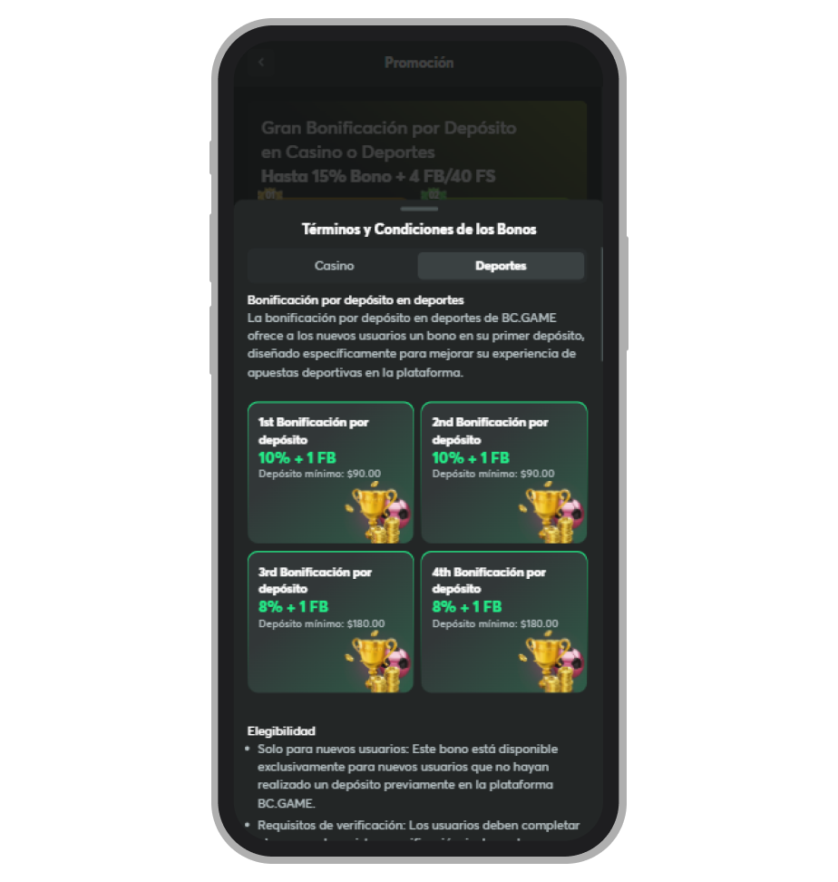 Página del bono de bienvenida de deportes en BC.Game