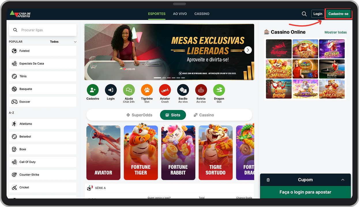 Localize o botão verde "Cadastre-se" no site oficial e toque nele  