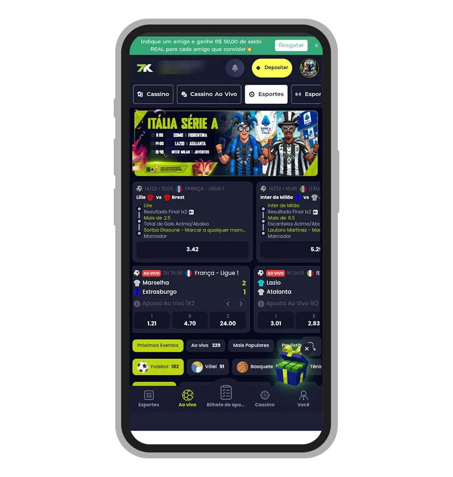 Tela inicial do aplicativo da 7K.bet Bet7k