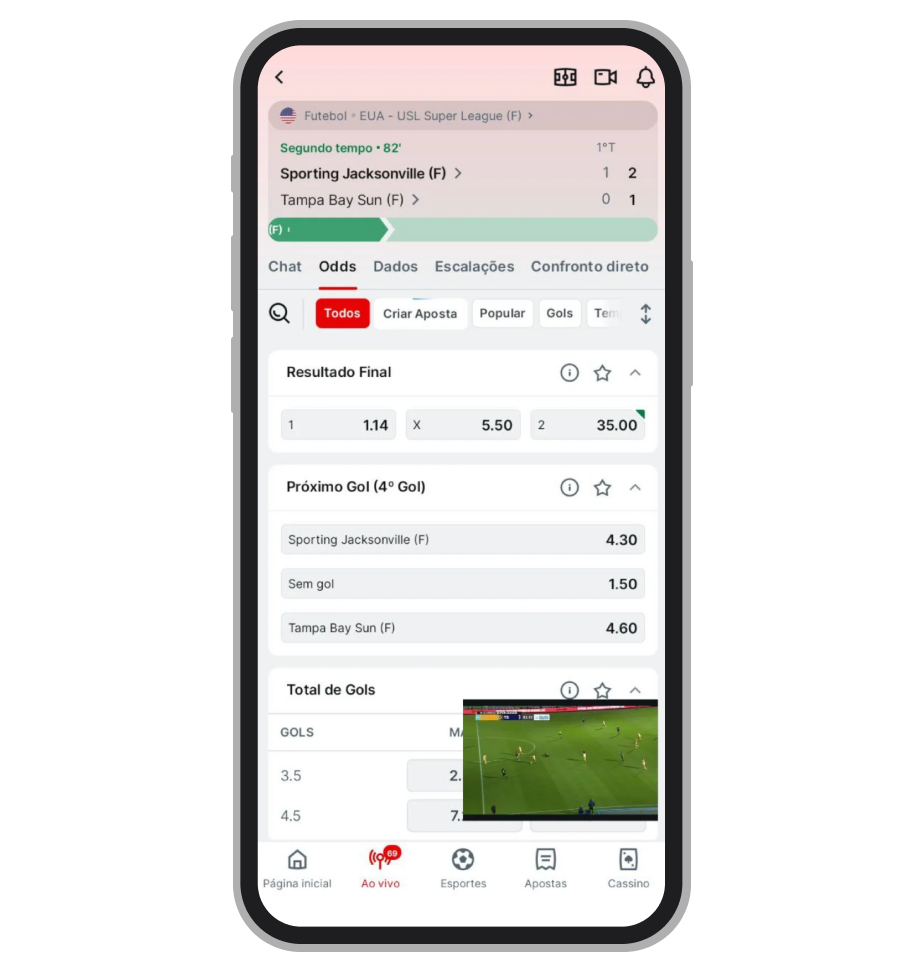 Transmissão ao vivo no app  