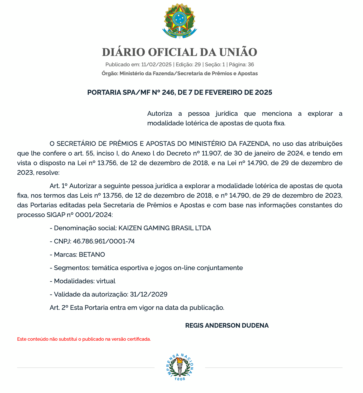 A portaria que concedeu a autorização à Betano para operar no Brasil 