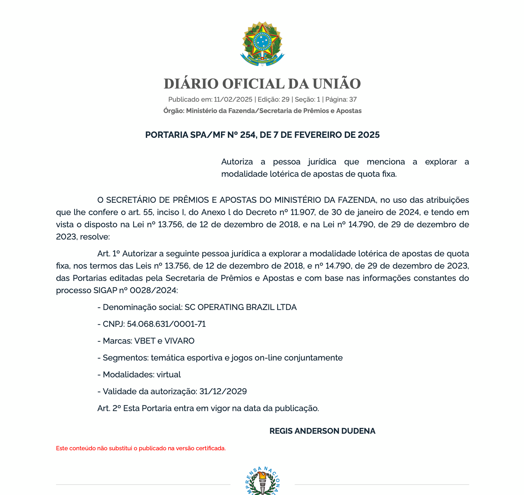 Portaria que autorizou a VBET a operar no Brasil