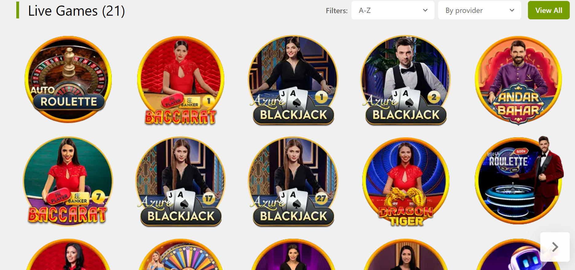 View live casino page