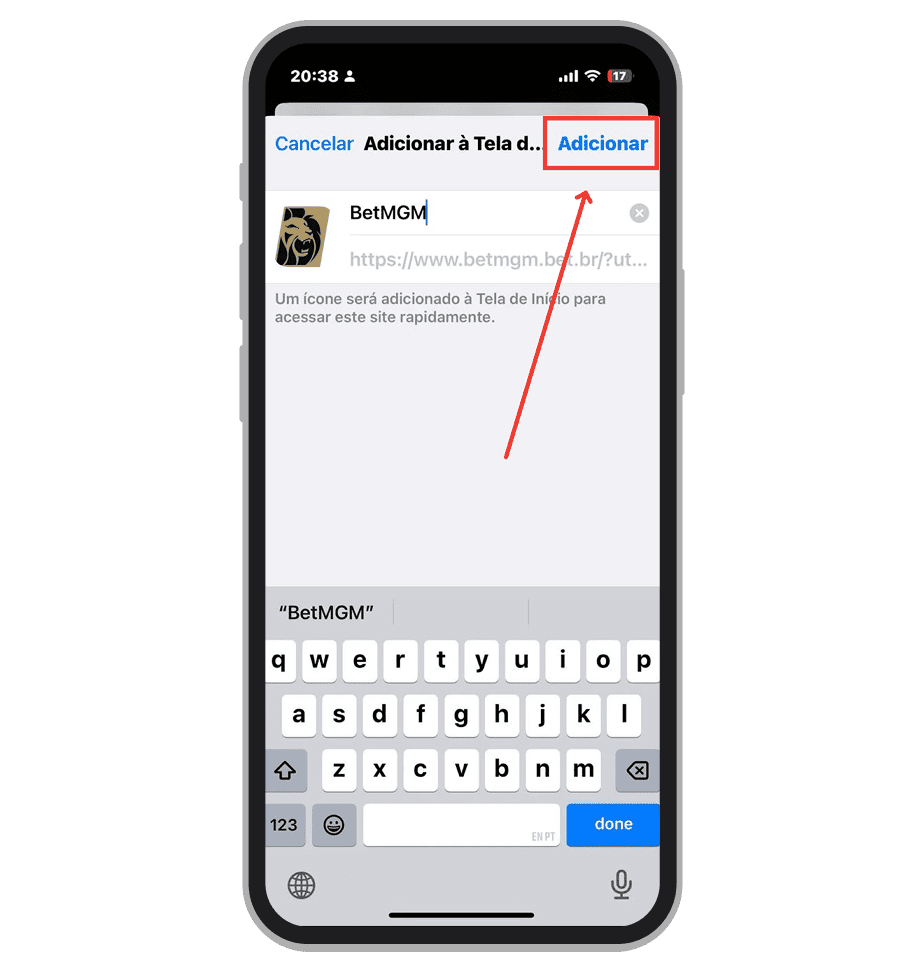 Toque em “Adicionar” após digitar o titulo do atalho