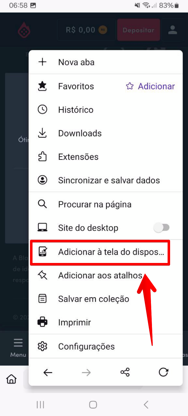 Selecione 'Adicionar à tela inicial'