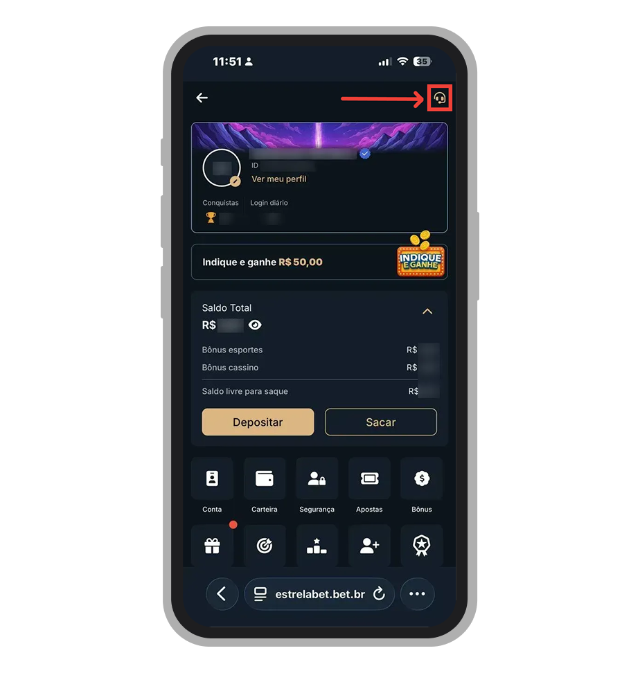 Toque no ícone com fone de ouvido
