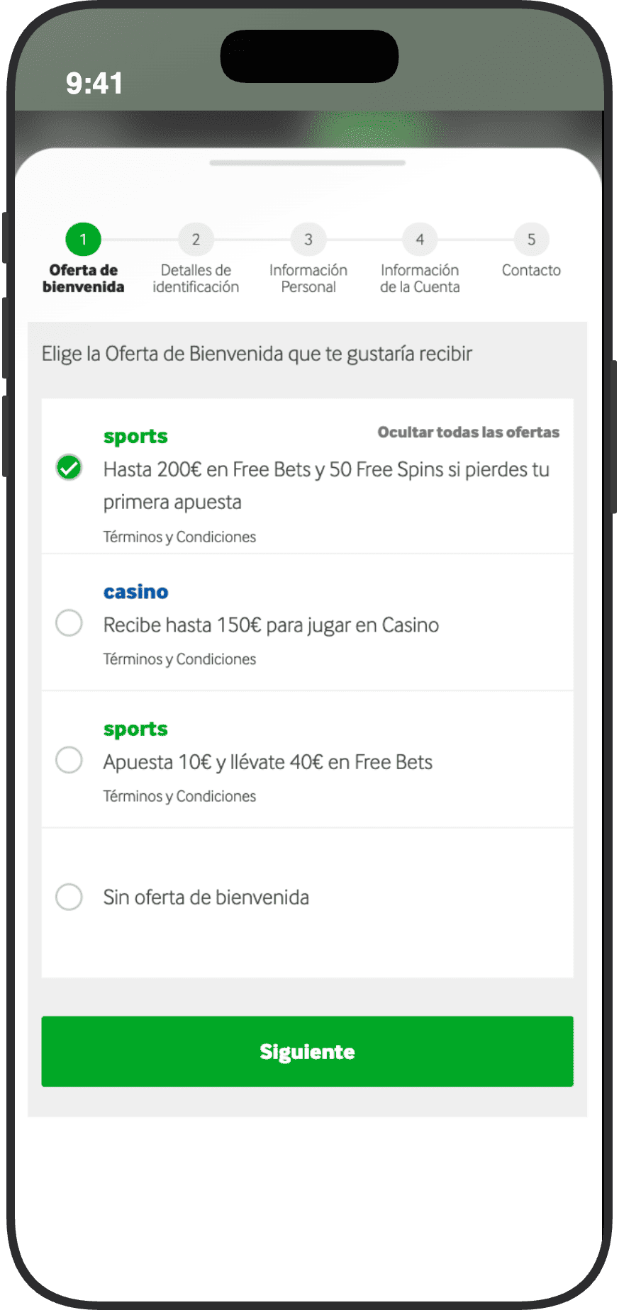 Pantalla de selección de la oferta de bienvenida en el registro de Betway España, con el bono de deportes de hasta 200€ en Free Bets y 50 Free Spins seleccionado