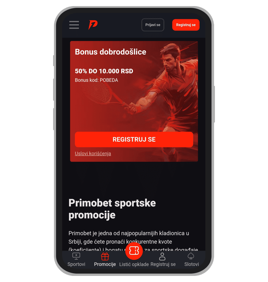 Stranica sa promocijama na Primobet