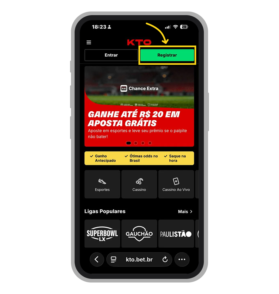 Clique no botão verde Registrar no topo do site