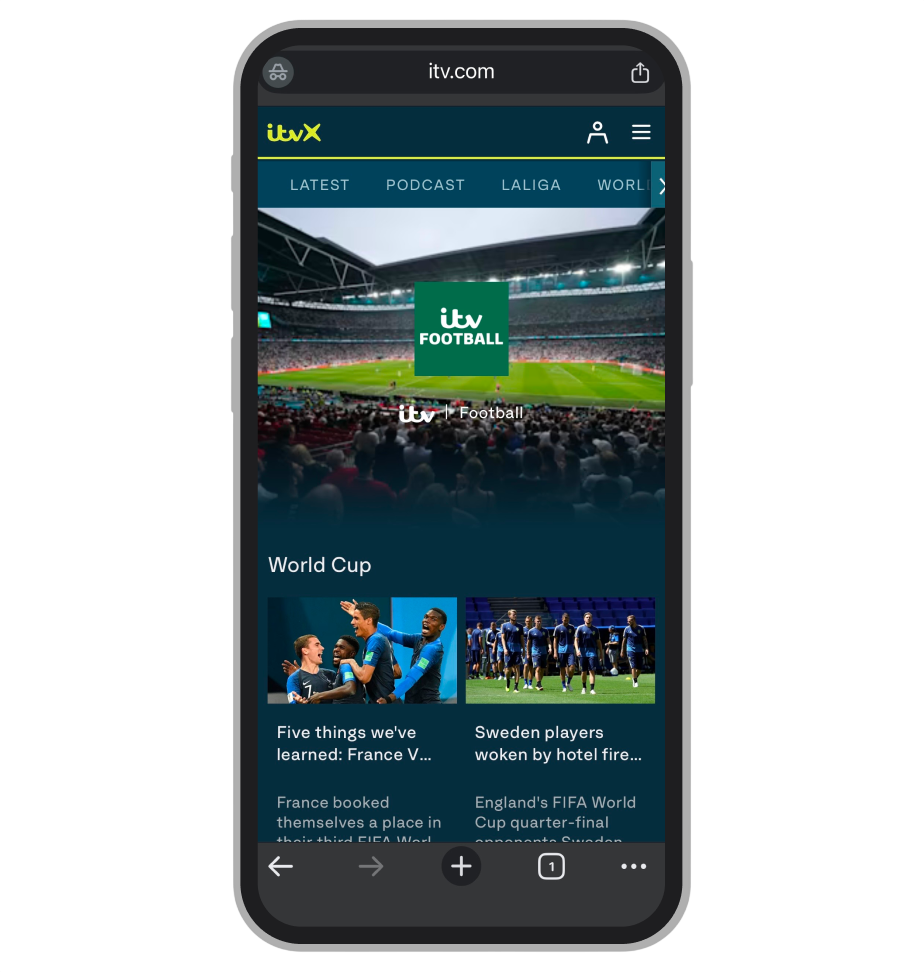 ITVX live stream page showing a 2026 World Cup match — free access in the browser, no TV licence required