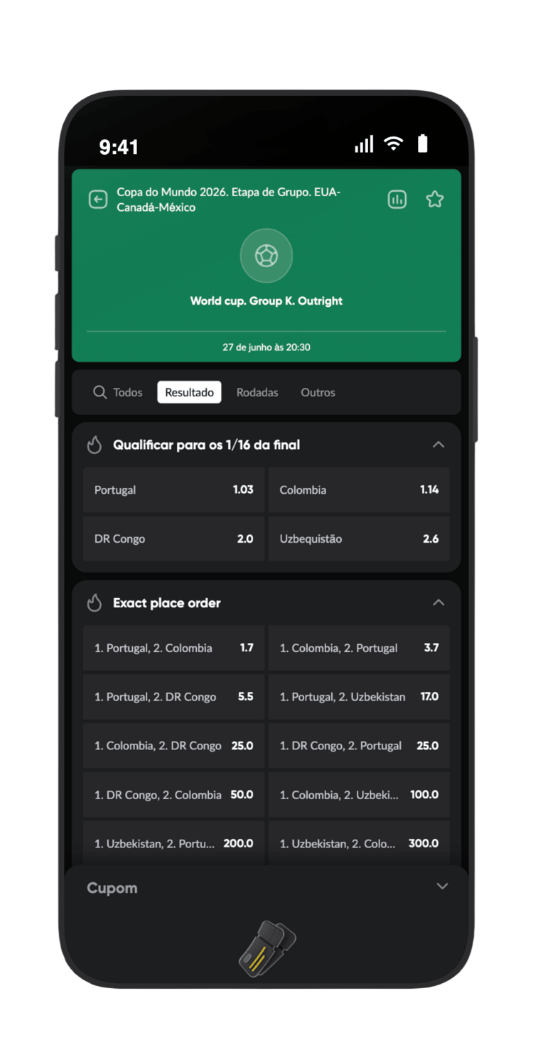 Toque em Grupo K na BetBoom para ver odds de classificação: Portugal 1.03, Colômbia 1.14, RD Congo 2.0, Uzbequistão 2.6