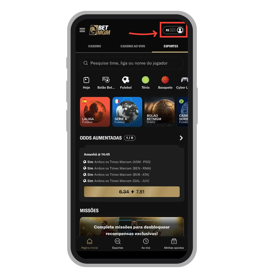 Toque no ícone de perfil 