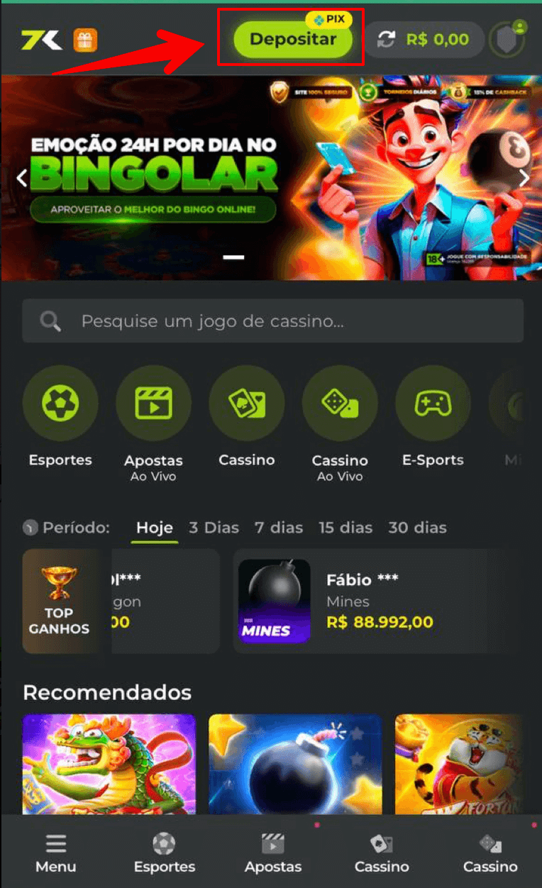 Acesse a seção de depósitos