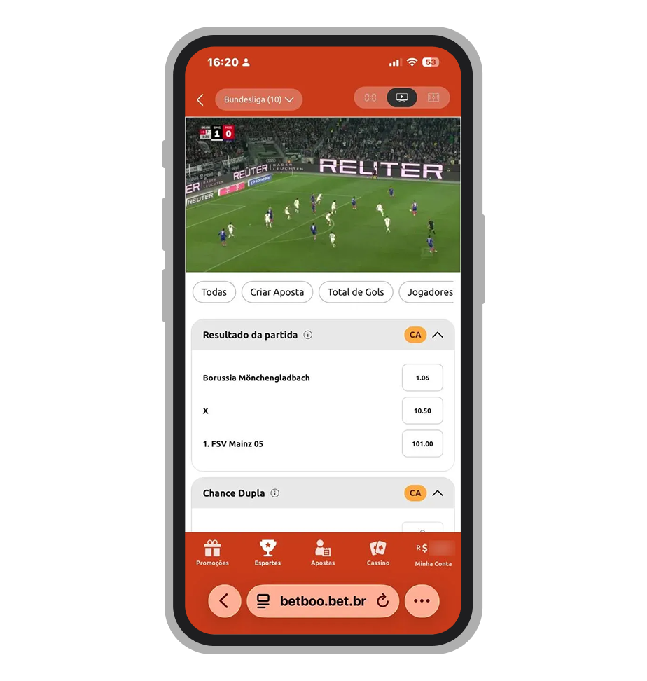Livestream da Bundesliga na Betboo com Borussia Mönchengladbach vs Mainz e badge Criar Aposta (CA)