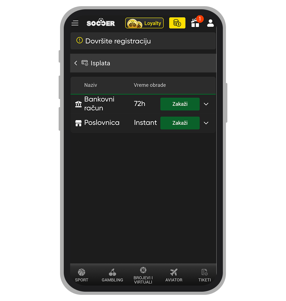 SoccerBet isplata na tekući račun