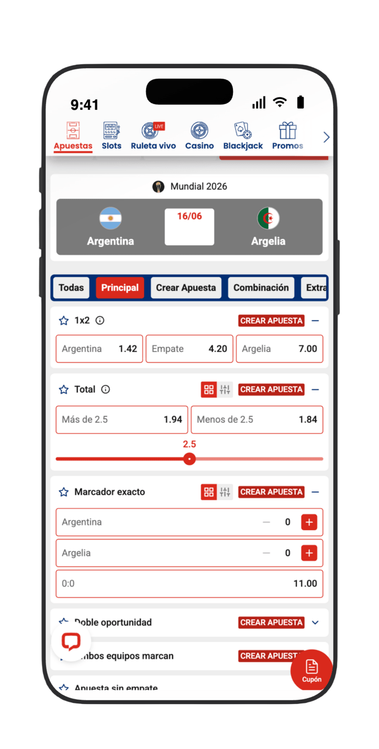 Mercados de Argentina vs Argelia en JOKERBET: 1X2 (Argentina 1.42, Empate 4.20, Argelia 7.00), más/menos de 2.5 goles y marcador exacto