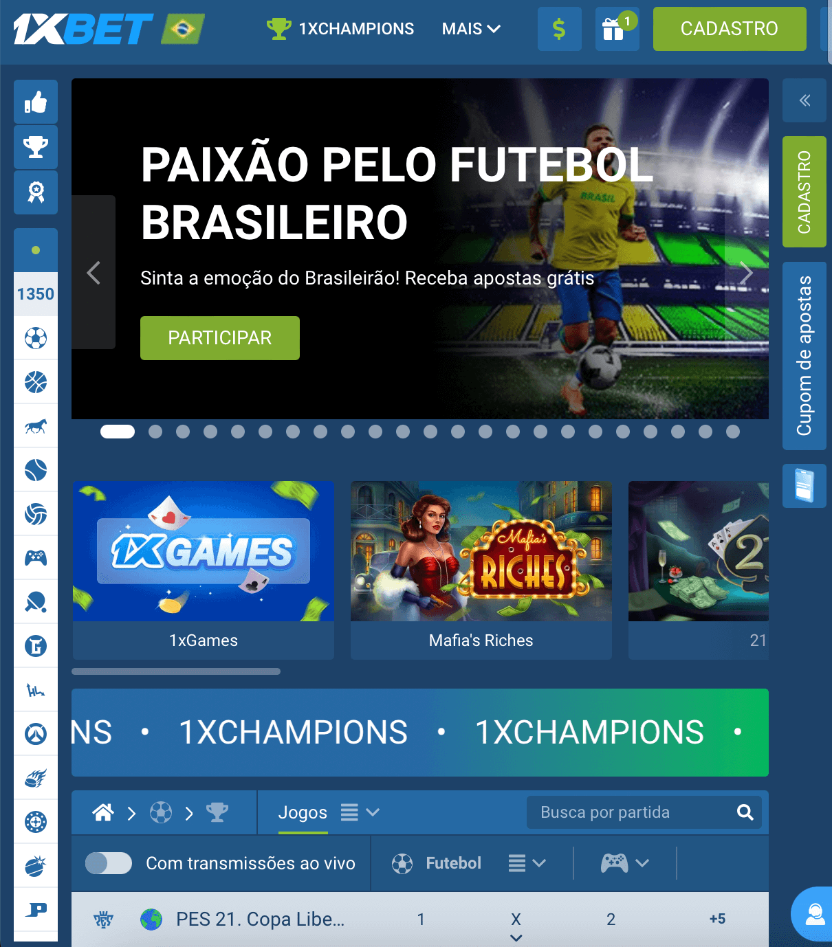 A página inicial da 1xBet