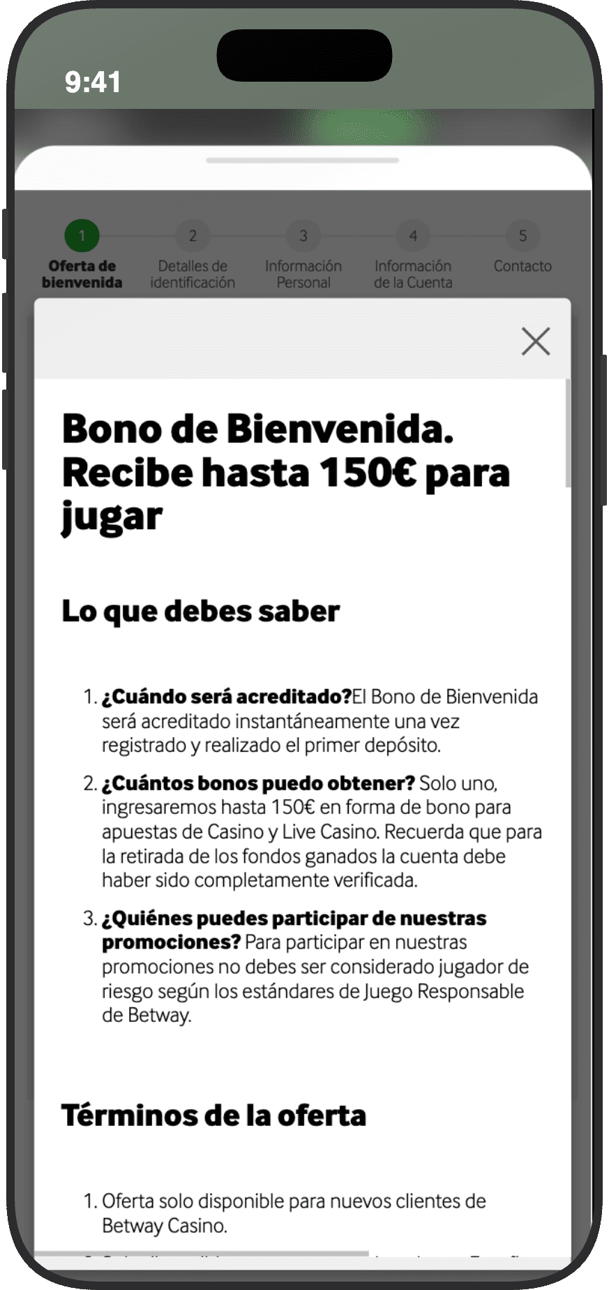 Términos del bono de bienvenida de casino de Betway España: recibe hasta 150€ para jugar en Casino y Live Casino, acreditado tras el primer depósito
