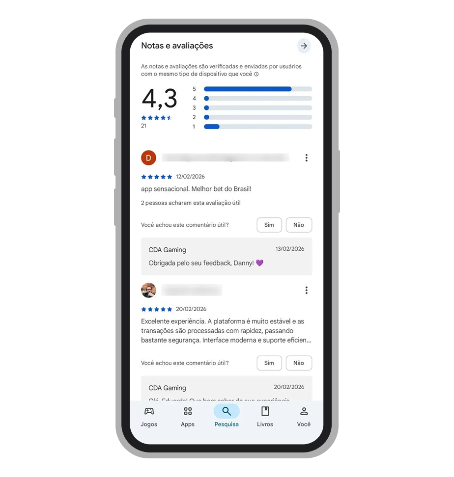 Avaliações de usuários na Google Play 