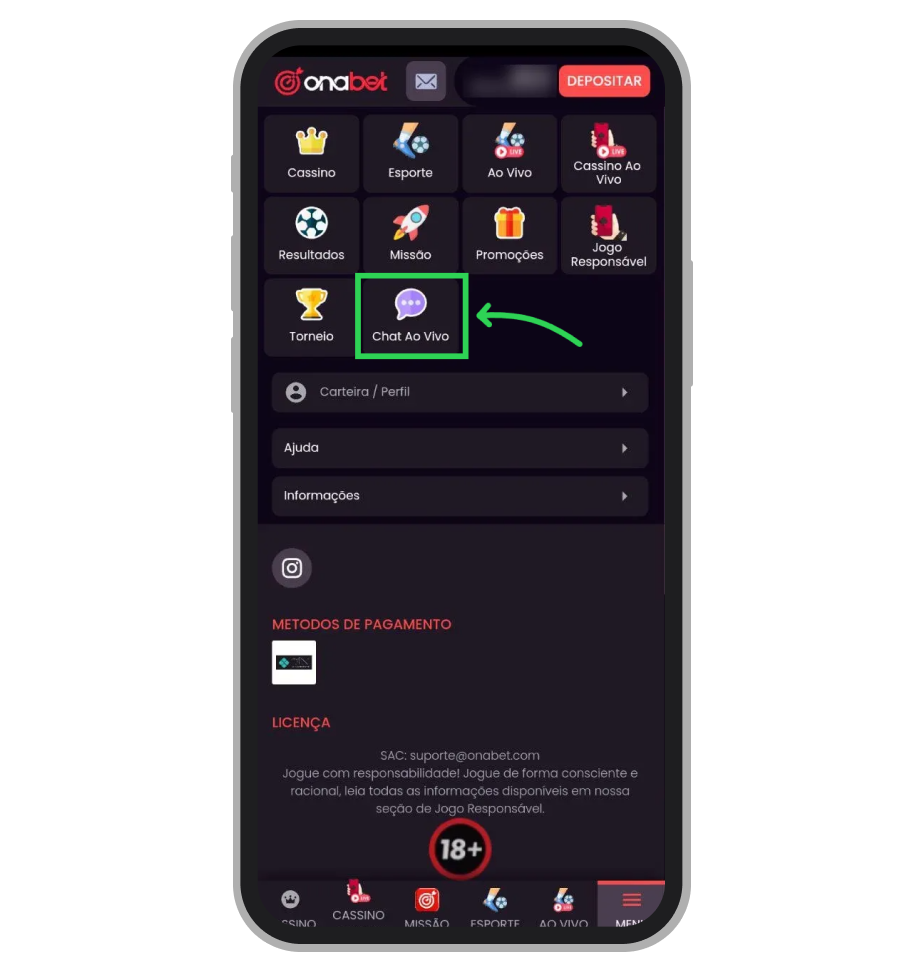 Menu principal do Onabet com atalhos para “Cassino”, “Esporte”, “Ao Vivo” e “Chat ao Vivo”