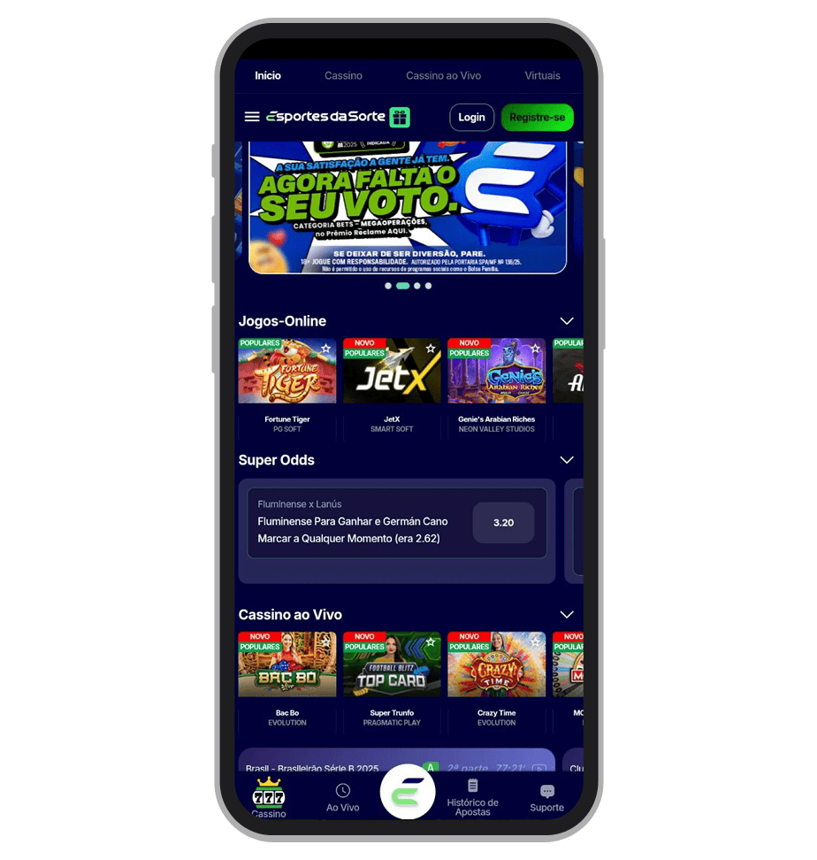 A tela inicial do app Esportes da Sorte