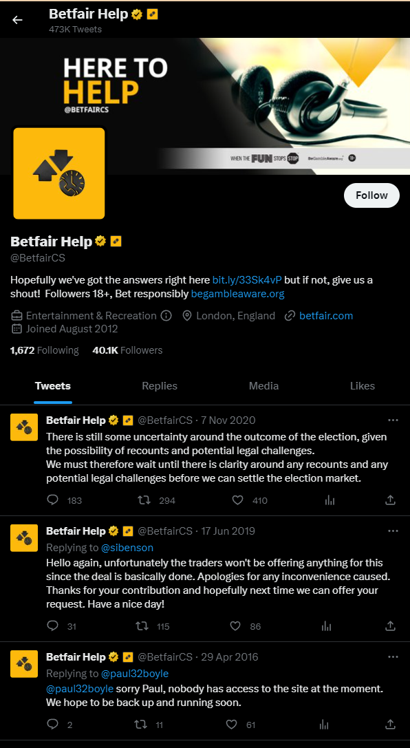 BetFair customer support Twitter page