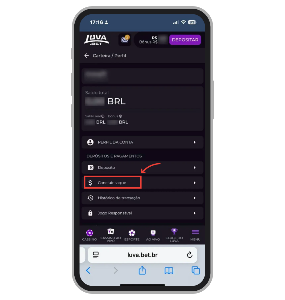Acesse a seção de saques