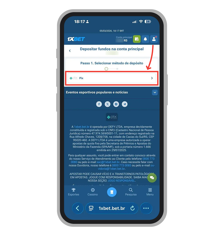 Selecione o método Pix para depositar no aplicativo 1xBet