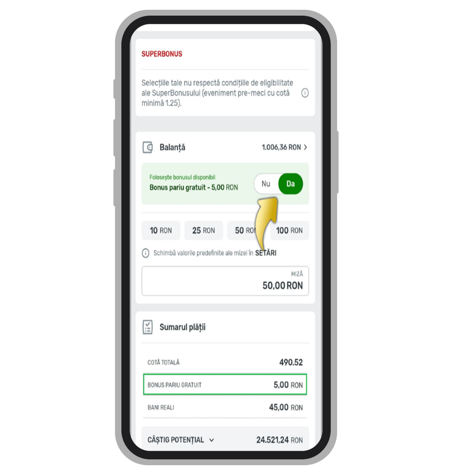 Bilet de pariu: opțiunea „Bonus pariu gratuit”