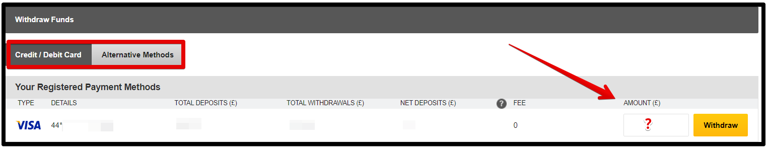 All available withdrawal methods will be listed