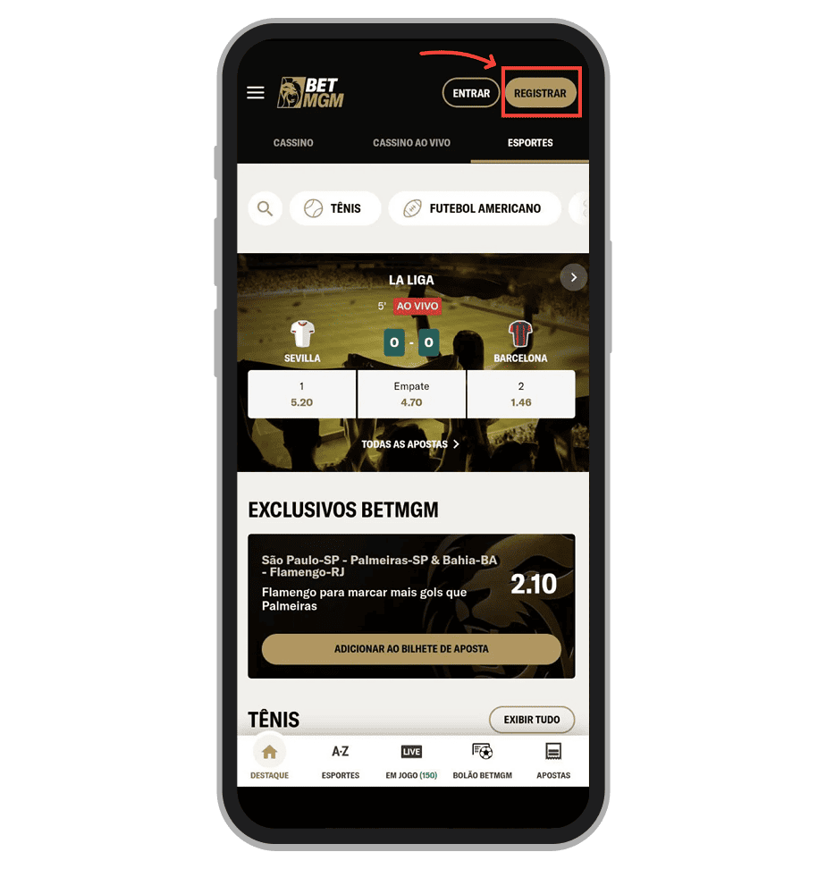 Ao abrir o aplicativo BetMGM toque no botão “Registrar”