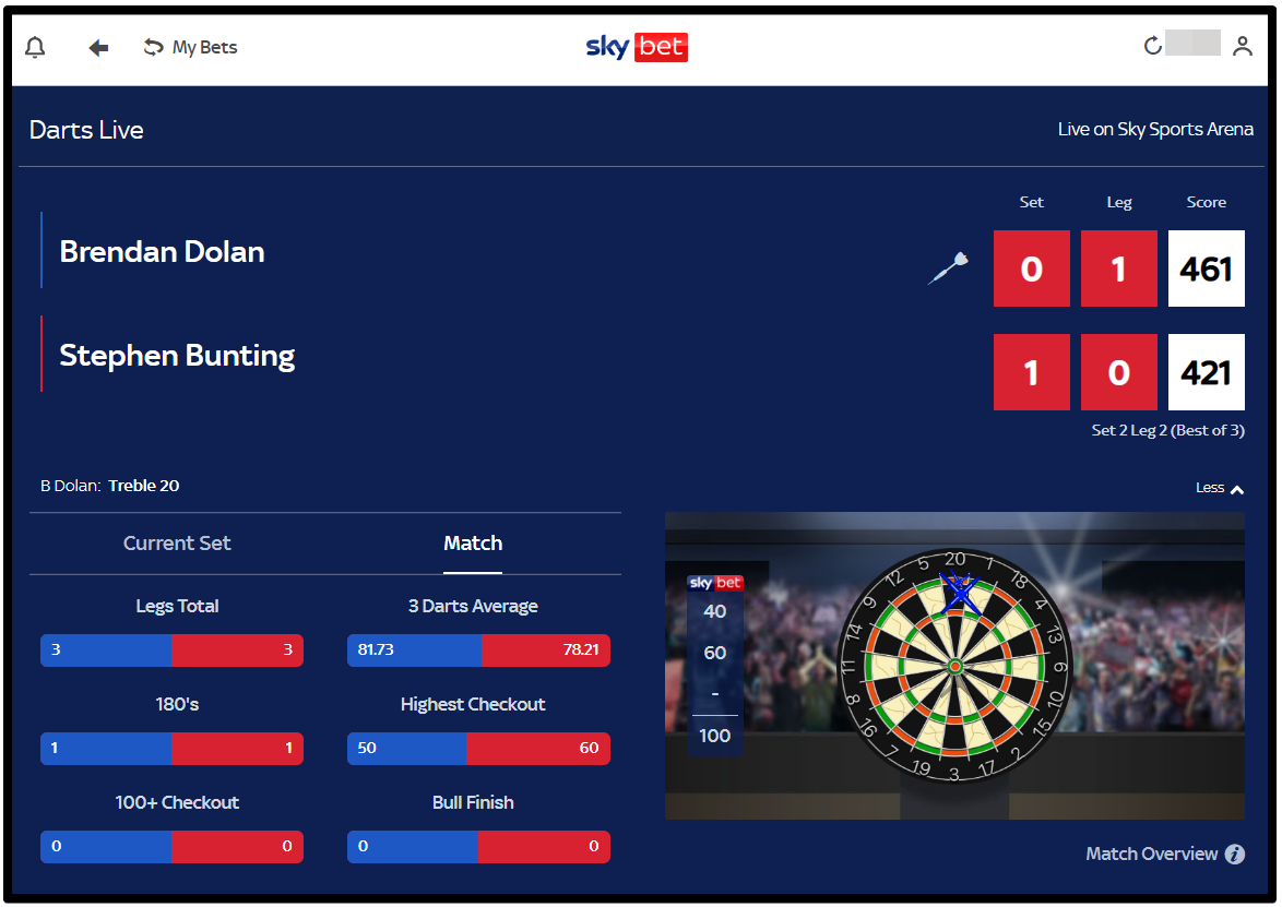 Sky Bet In-Play darts interface