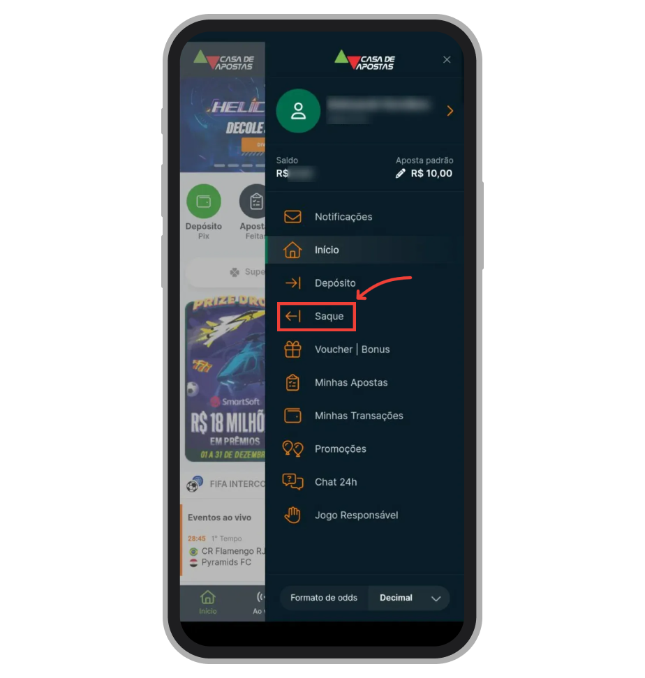 No menu, selecione “Saque”