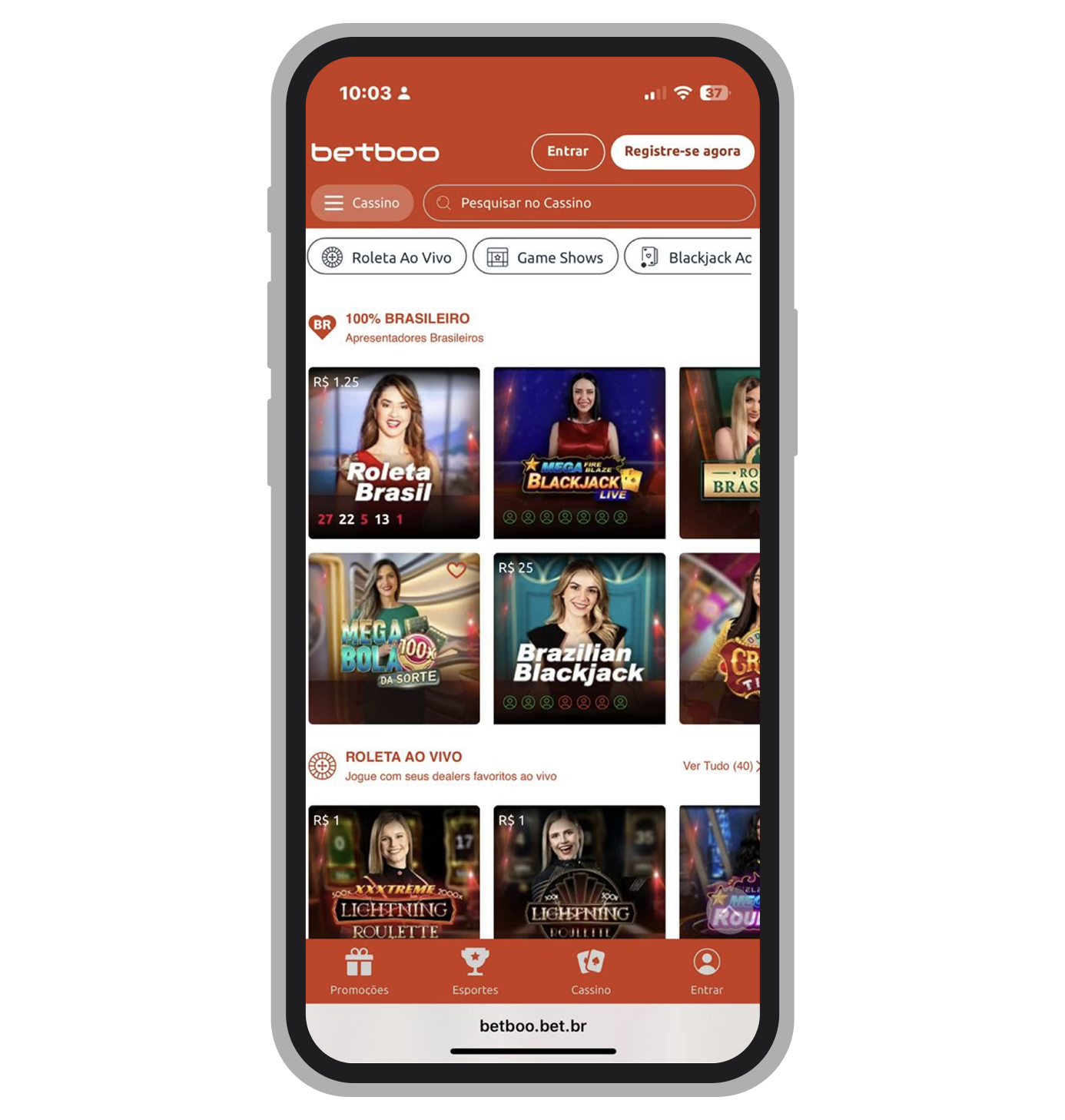 Cassino ao vivo no site móvel da Betboo