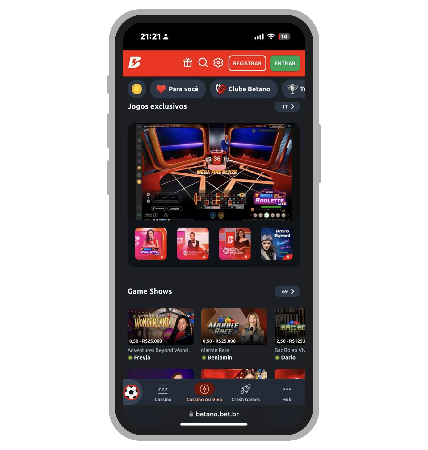 Cassino ao vivo no site mobile da Betano