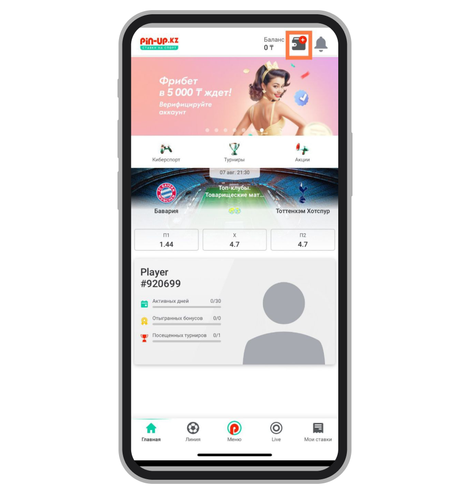 Кнопка пополнить баланс в приложении