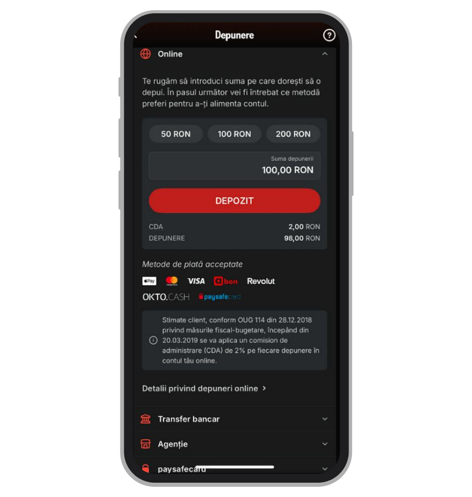 Efectuarea unei depuneri la Superbet