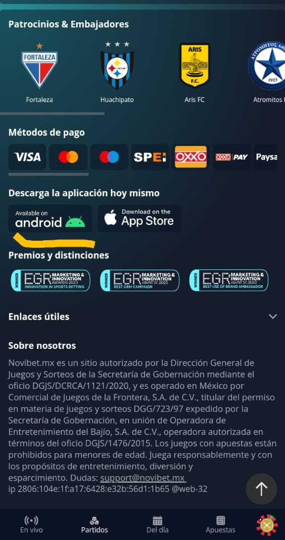 Enlace para descarga de App desde página web de Novibet