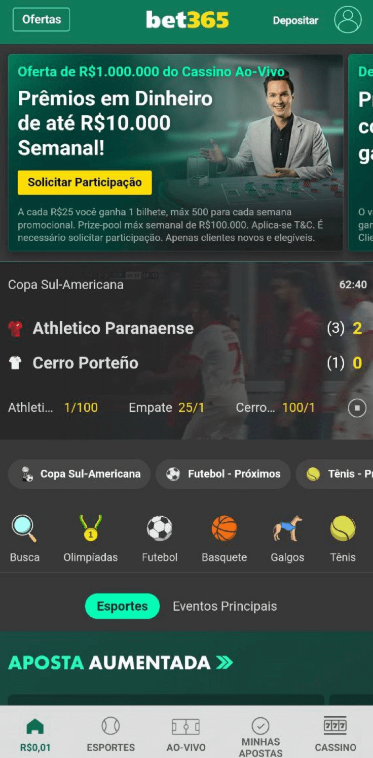 A tela inicial do Bet365 App