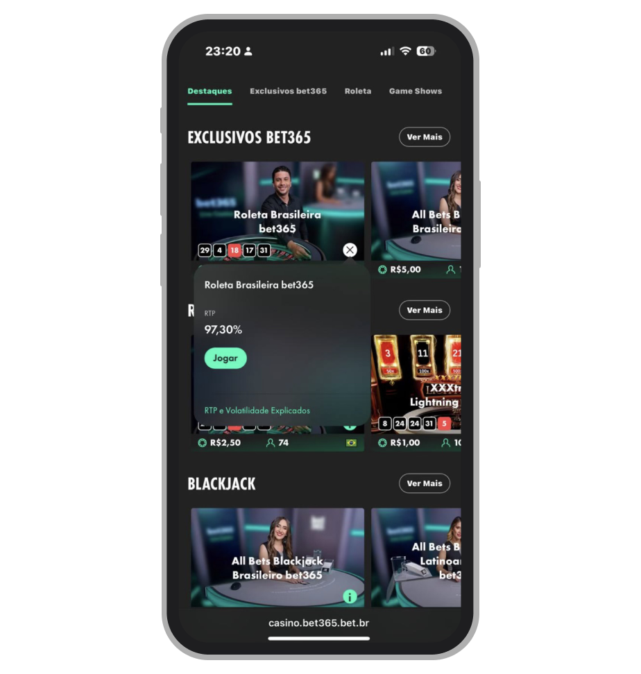 Mesas ao vivo disponíveis no cassino Bet365