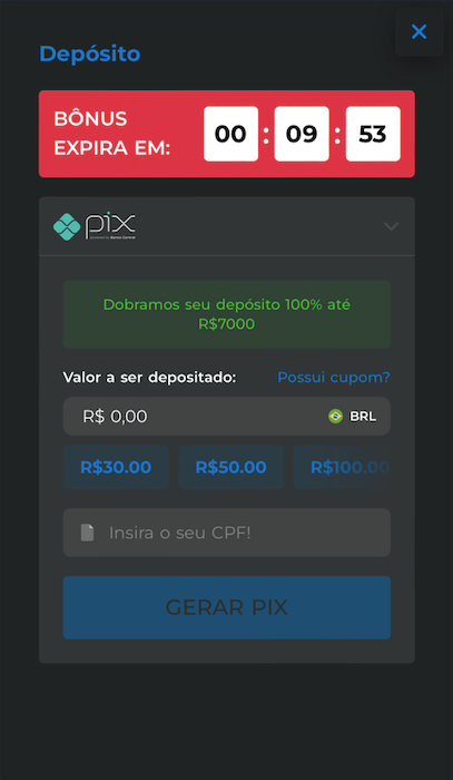 Deposite fundos para resgatar a oferta de boas-vindas